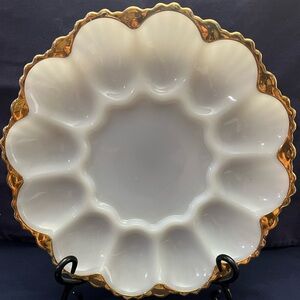 1950’s Vintage Anchor Hocking Milk Glass Deviled Egg Plate with 22K Gold Trim
